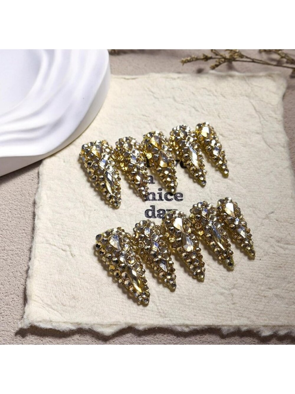 Luxury Almond Press-On Nails with Gold Rhinestones | 10 Pcs Sparkly 3D Acrylics